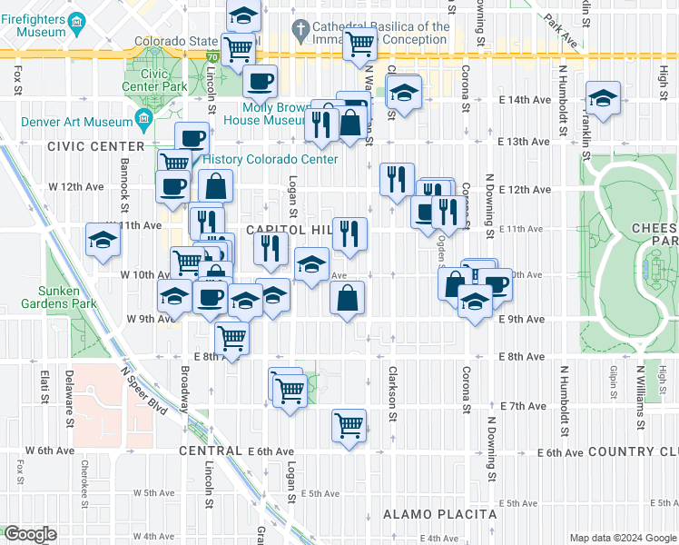 map of restaurants, bars, coffee shops, grocery stores, and more near 970 Pennsylvania Street in Denver