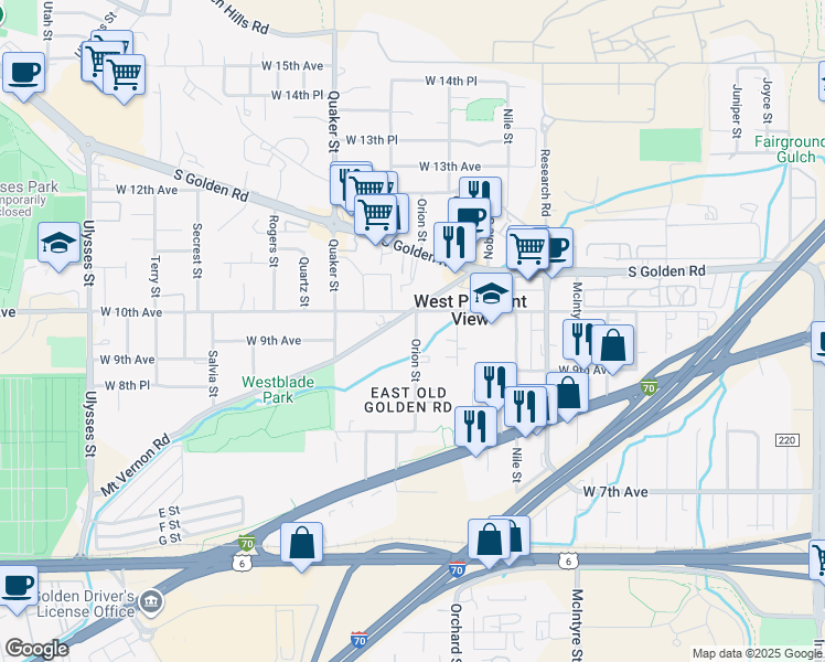 map of restaurants, bars, coffee shops, grocery stores, and more near 979 Orion Street in Golden
