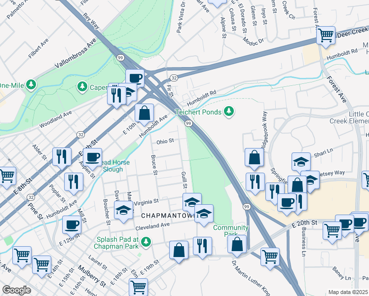 map of restaurants, bars, coffee shops, grocery stores, and more near 1223 Guill Street in Chico