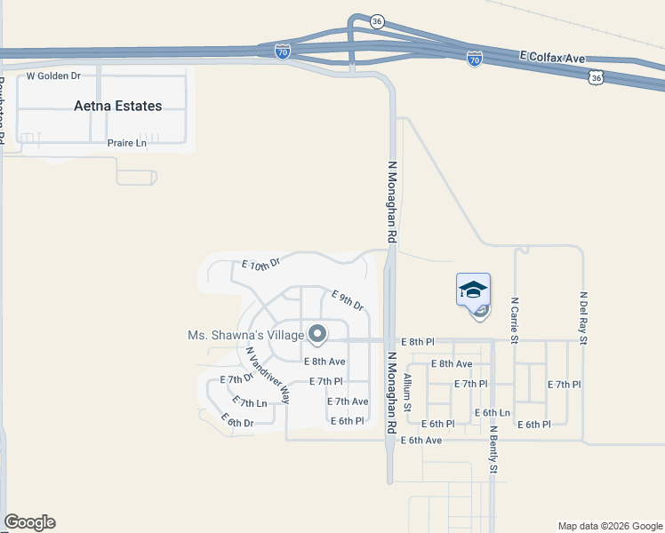 map of restaurants, bars, coffee shops, grocery stores, and more near 27880 East 10th Drive in Aurora