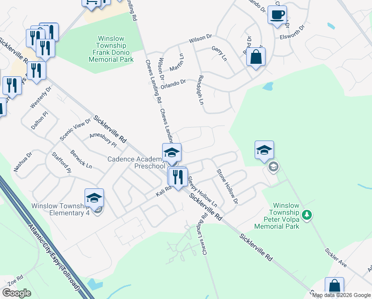 map of restaurants, bars, coffee shops, grocery stores, and more near 9 Concord Boulevard in Sicklerville