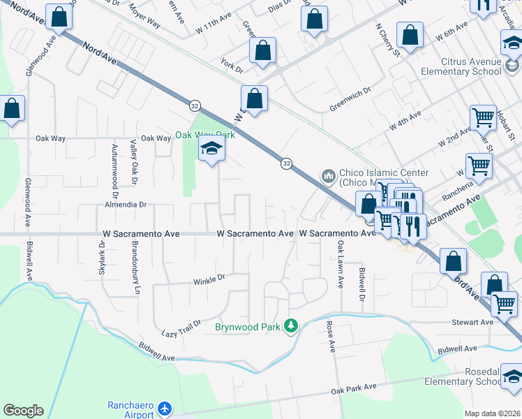 map of restaurants, bars, coffee shops, grocery stores, and more near 1033 Raven Lane in Chico