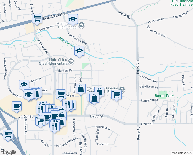 map of restaurants, bars, coffee shops, grocery stores, and more near 1812 Notre Dame Boulevard in Chico