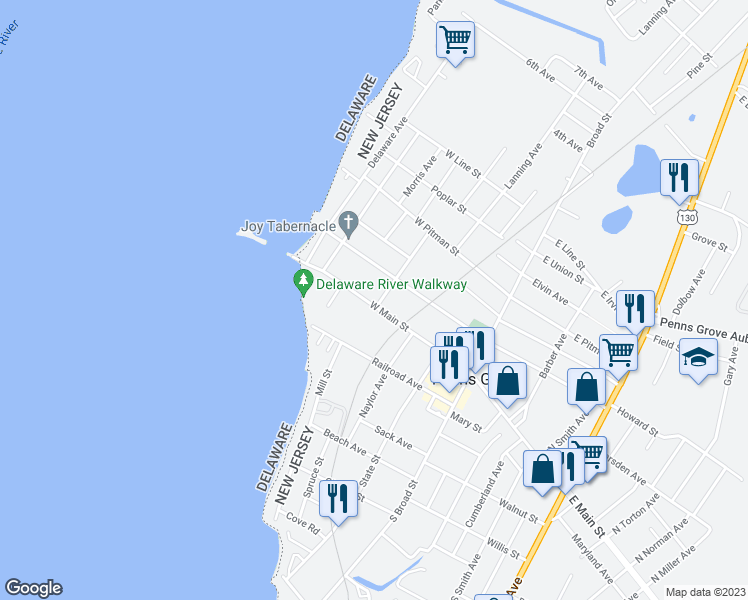 map of restaurants, bars, coffee shops, grocery stores, and more near 127 West Main Street in Penns Grove