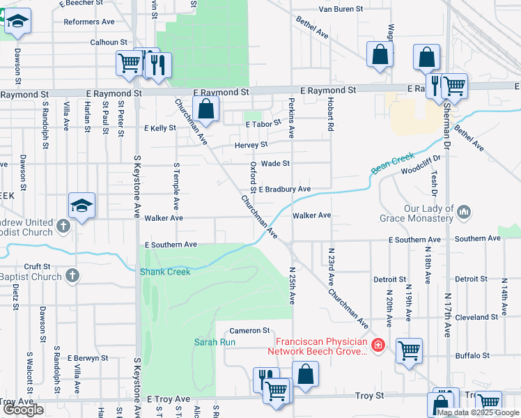 map of restaurants, bars, coffee shops, grocery stores, and more near 3016 Walker Avenue in Indianapolis
