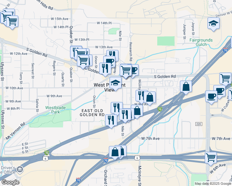 map of restaurants, bars, coffee shops, grocery stores, and more near 15920 West 10th Avenue in Golden