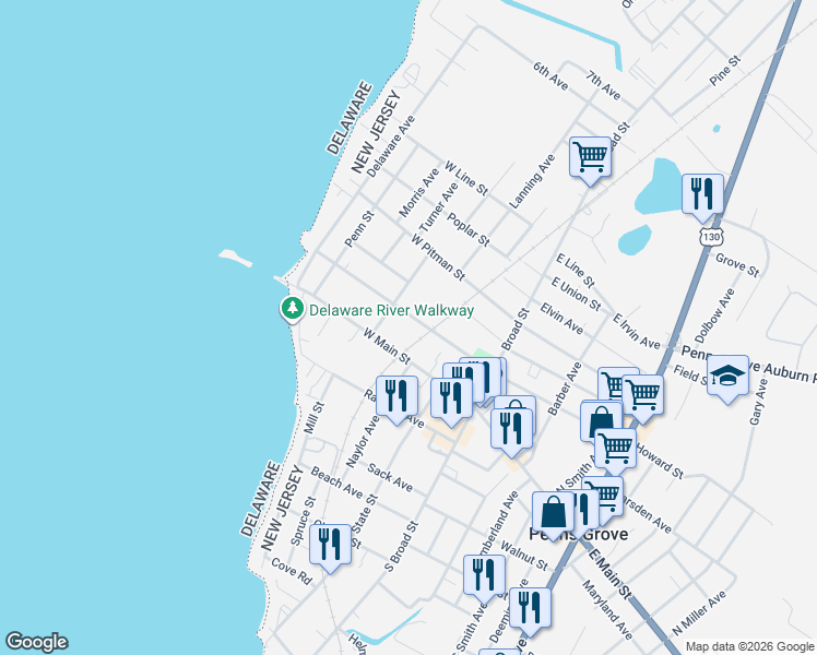 map of restaurants, bars, coffee shops, grocery stores, and more near 91 West Main Street in Penns Grove