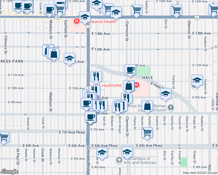 map of restaurants, bars, coffee shops, grocery stores, and more near 4205 East 10th Avenue in Denver