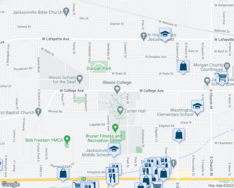 map of restaurants, bars, coffee shops, grocery stores, and more near 1101 West College Avenue in Jacksonville