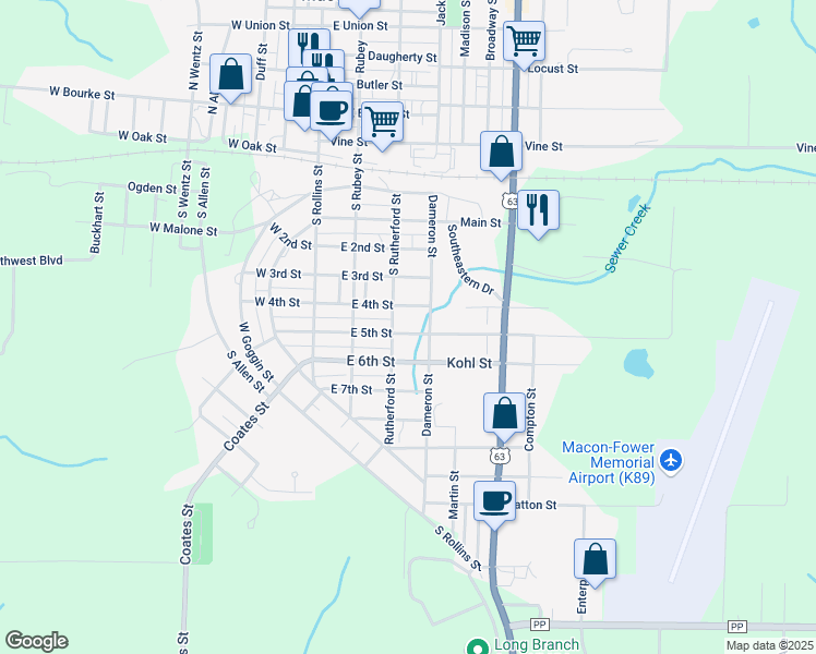 map of restaurants, bars, coffee shops, grocery stores, and more near 307 East 5th Street in Macon