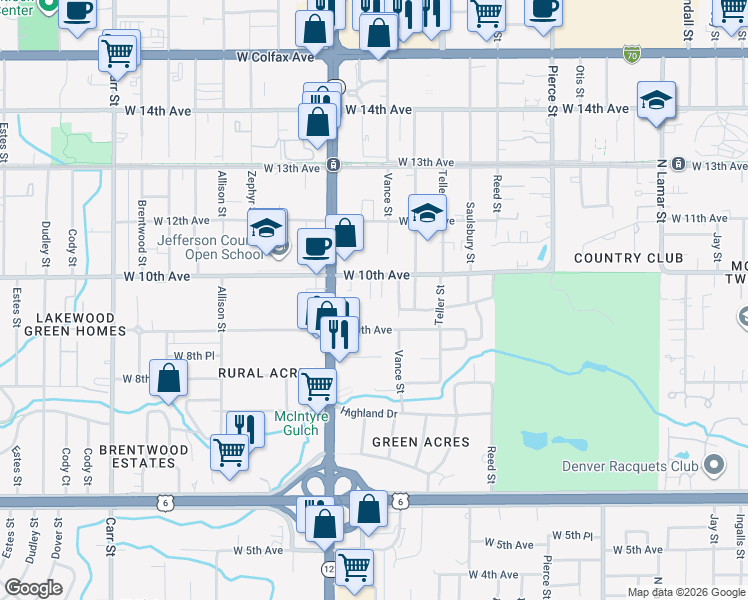 map of restaurants, bars, coffee shops, grocery stores, and more near 7440 West 10th Avenue in Lakewood