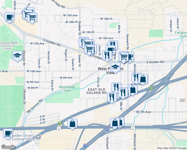 map of restaurants, bars, coffee shops, grocery stores, and more near 979 Orion Street in Golden