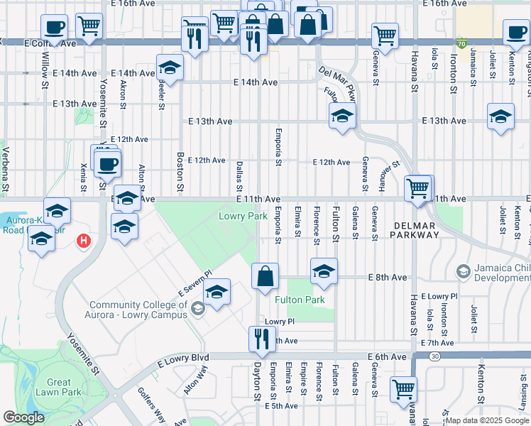 map of restaurants, bars, coffee shops, grocery stores, and more near 1054 Dayton Street in Aurora