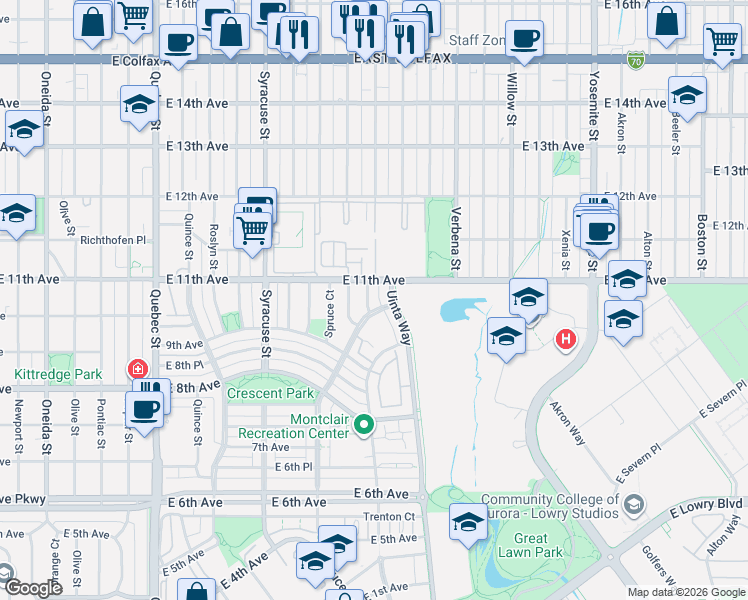 map of restaurants, bars, coffee shops, grocery stores, and more near 1071 Uinta Way in Denver
