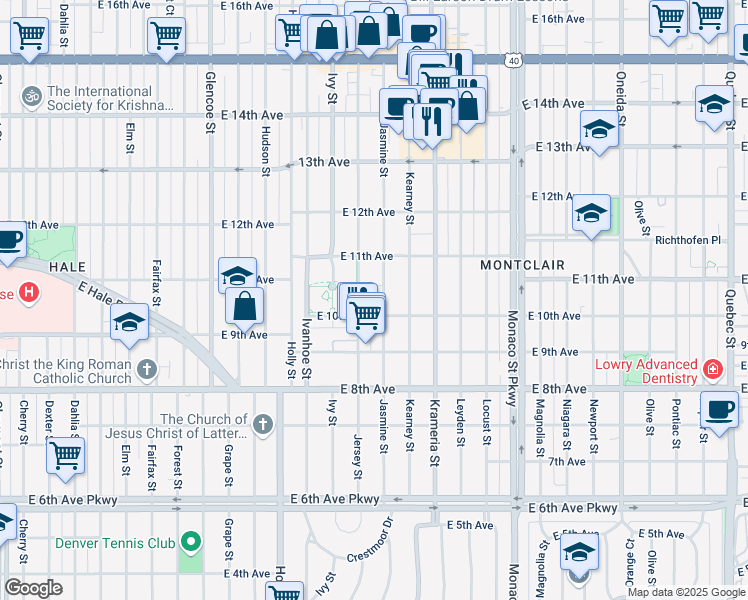 map of restaurants, bars, coffee shops, grocery stores, and more near 5955 East 10th Avenue in Denver