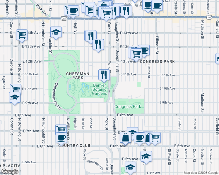 map of restaurants, bars, coffee shops, grocery stores, and more near 1048 York Street in Denver