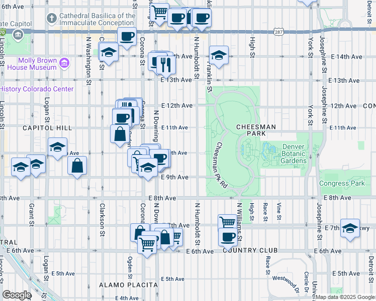 map of restaurants, bars, coffee shops, grocery stores, and more near 1500 East 10th Avenue in Denver
