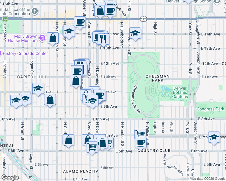 map of restaurants, bars, coffee shops, grocery stores, and more near in Denver