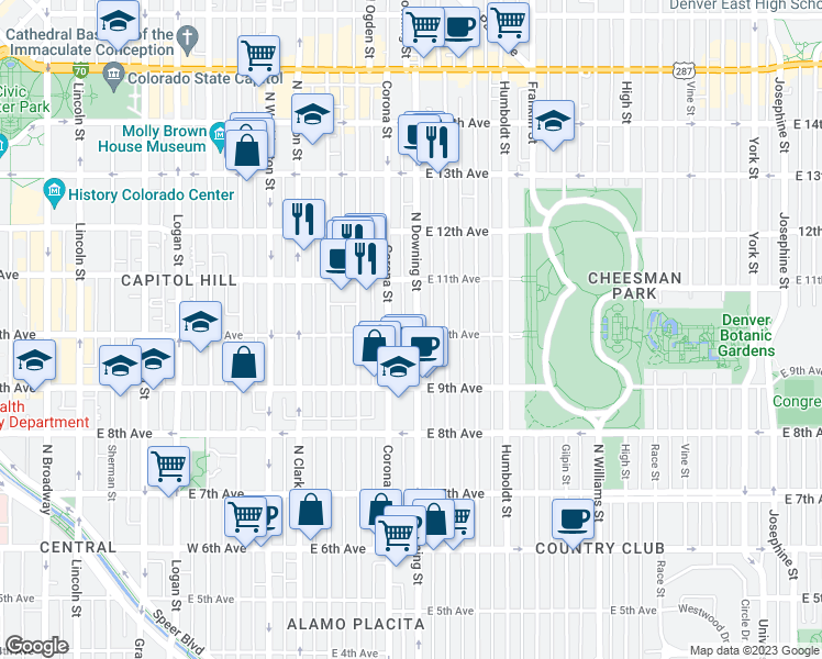 map of restaurants, bars, coffee shops, grocery stores, and more near 969 North Downing Street in Denver