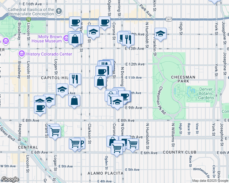 map of restaurants, bars, coffee shops, grocery stores, and more near 1050 East 10th Avenue in Denver