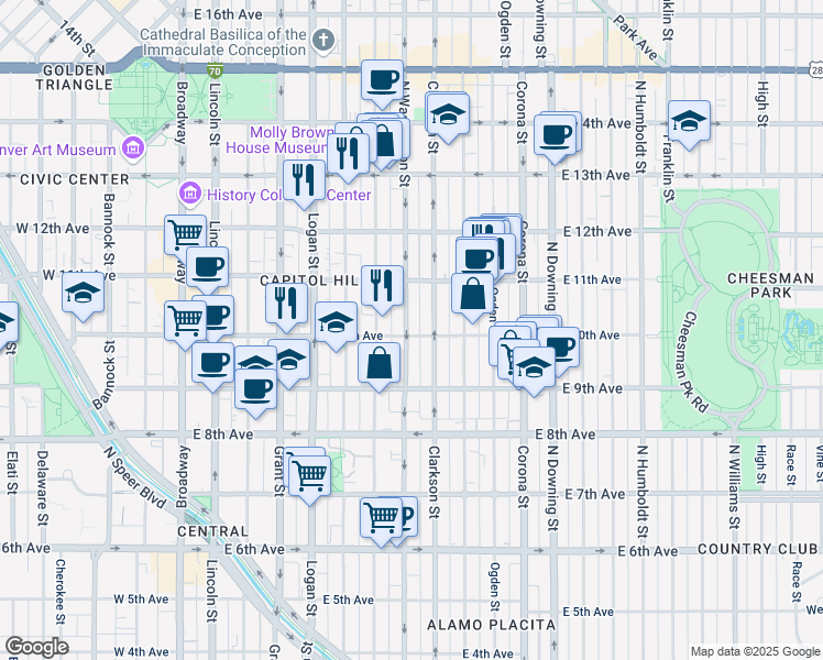 map of restaurants, bars, coffee shops, grocery stores, and more near 975 North Washington Street in Denver