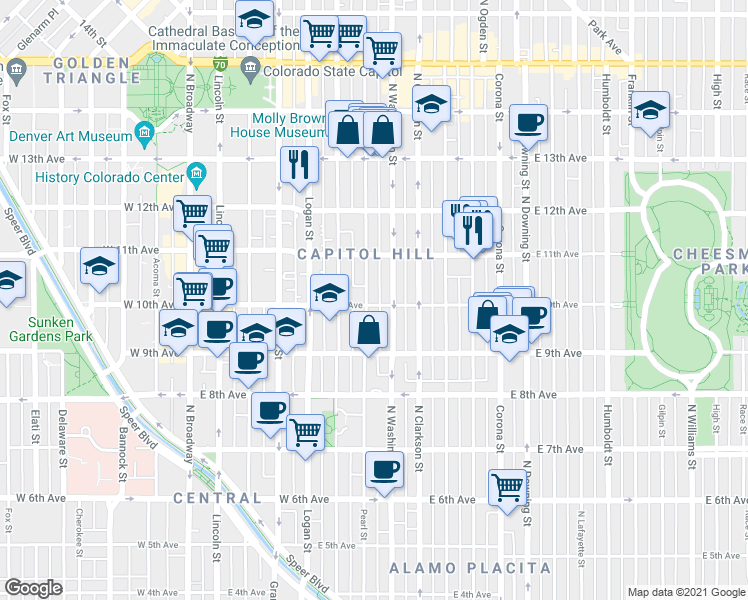 map of restaurants, bars, coffee shops, grocery stores, and more near 975 North Washington Street in Denver