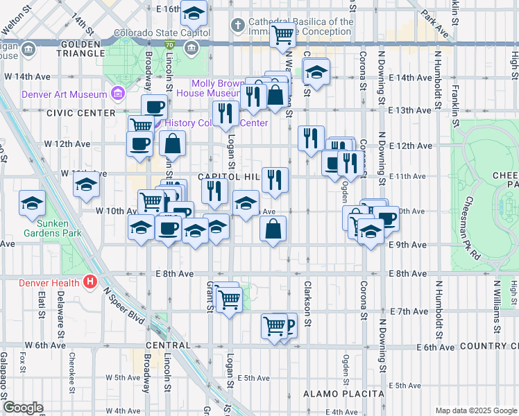 map of restaurants, bars, coffee shops, grocery stores, and more near 970 Pennsylvania Street in Denver