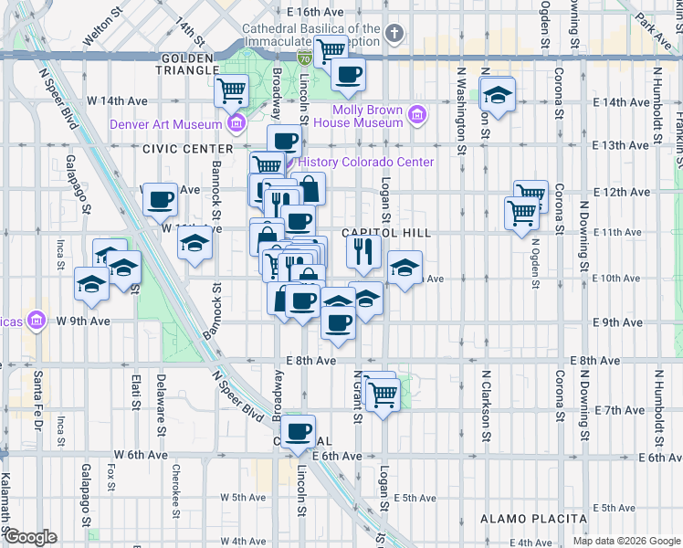 map of restaurants, bars, coffee shops, grocery stores, and more near 1000 Sherman Street in Denver