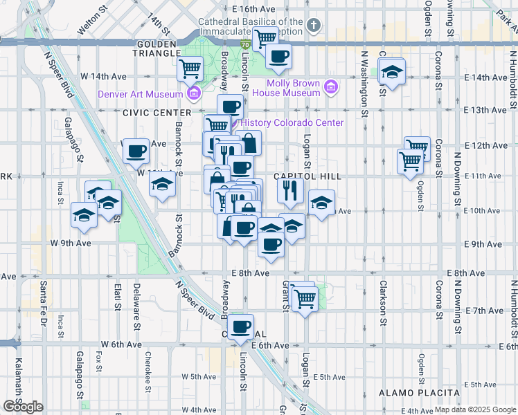 map of restaurants, bars, coffee shops, grocery stores, and more near 150 East 10th Avenue in Denver