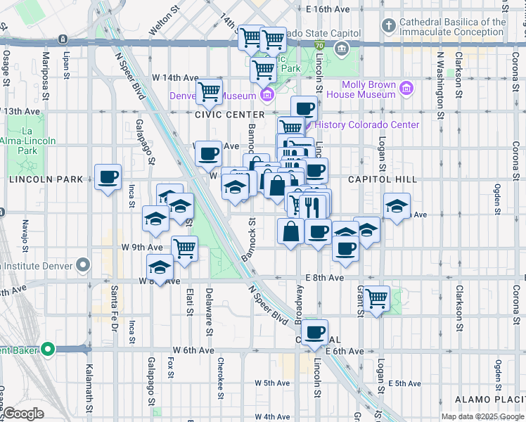 map of restaurants, bars, coffee shops, grocery stores, and more near in Denver