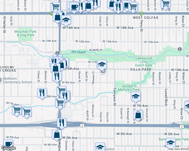 map of restaurants, bars, coffee shops, grocery stores, and more near 935 Winona Court in Denver
