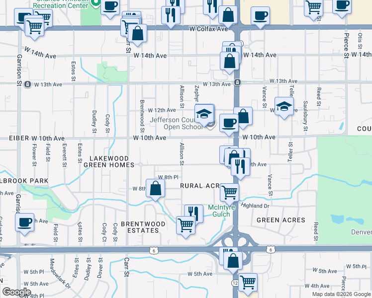 map of restaurants, bars, coffee shops, grocery stores, and more near 7920 West 10th Avenue in Lakewood