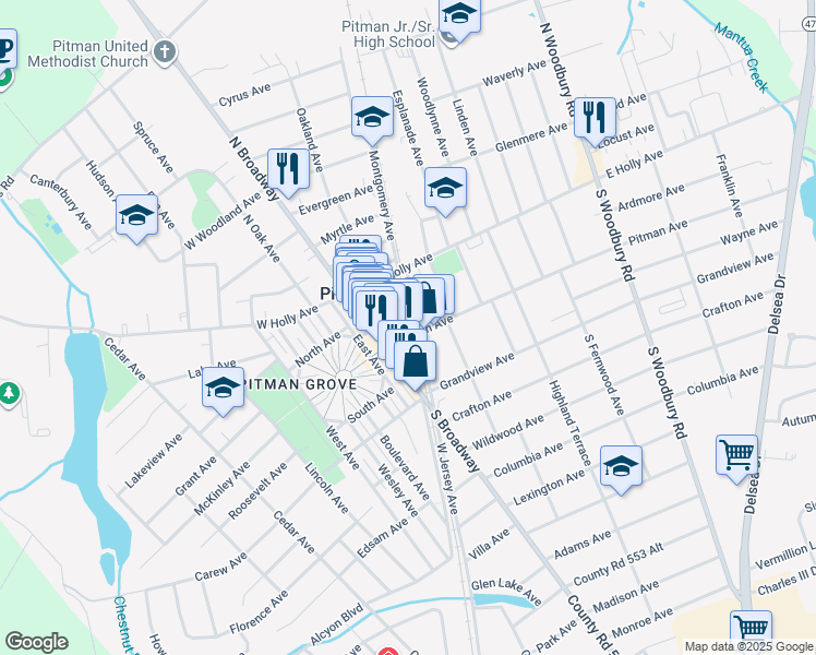 map of restaurants, bars, coffee shops, grocery stores, and more near 30 Pitman Avenue in Pitman
