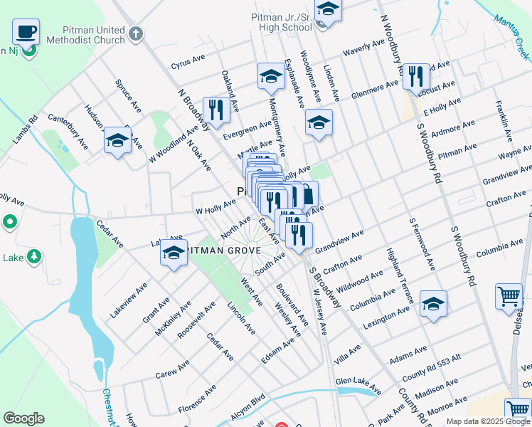 map of restaurants, bars, coffee shops, grocery stores, and more near 50 South Broadway in Pitman