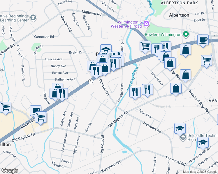 map of restaurants, bars, coffee shops, grocery stores, and more near 2107 Grafton Drive in Wilmington