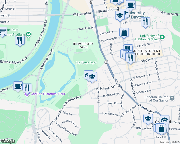 map of restaurants, bars, coffee shops, grocery stores, and more near 300 Old River Trail in Dayton