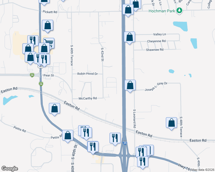 map of restaurants, bars, coffee shops, grocery stores, and more near 4202 Hillview Drive in Saint Joseph