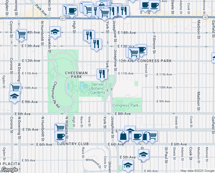map of restaurants, bars, coffee shops, grocery stores, and more near 1050 York Street in Denver