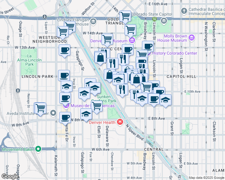 map of restaurants, bars, coffee shops, grocery stores, and more near 1000 North Speer Boulevard in Denver