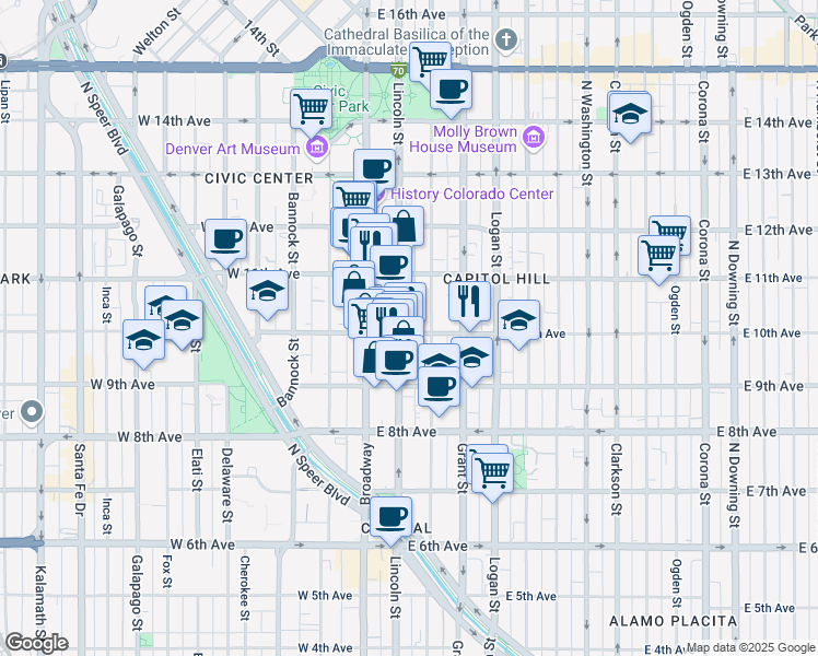 map of restaurants, bars, coffee shops, grocery stores, and more near 1000 Lincoln Street in Denver
