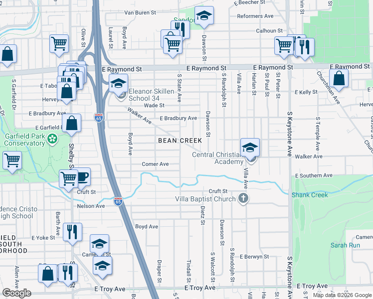 map of restaurants, bars, coffee shops, grocery stores, and more near 2509 South State Avenue in Indianapolis