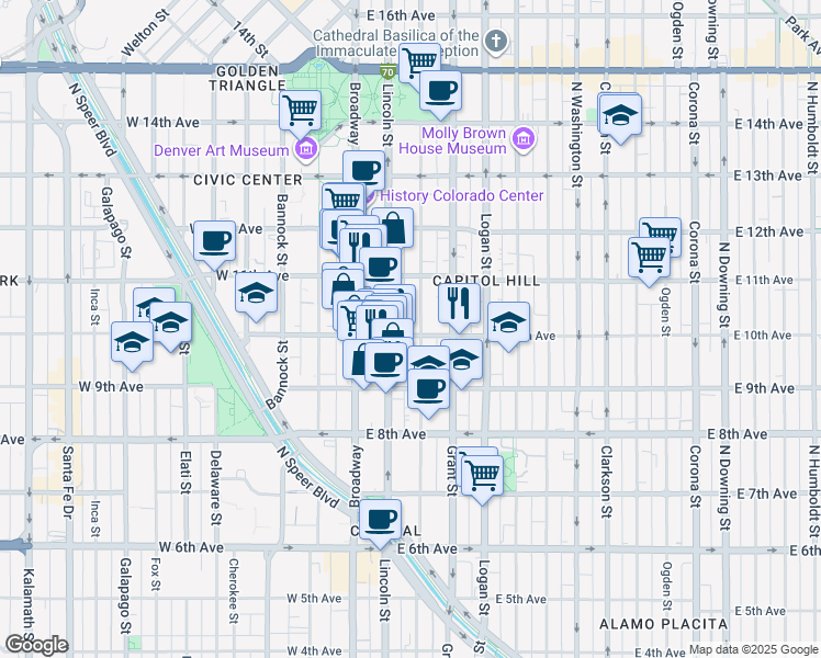 map of restaurants, bars, coffee shops, grocery stores, and more near 150 East 10th Avenue in Denver