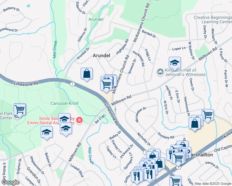 map of restaurants, bars, coffee shops, grocery stores, and more near 1306 McKennans Church Road in Wilmington
