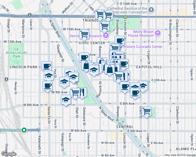 map of restaurants, bars, coffee shops, grocery stores, and more near 970 Cherokee Street in Denver