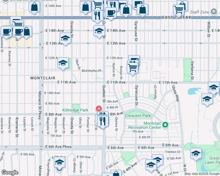 map of restaurants, bars, coffee shops, grocery stores, and more near 1090 Quebec Street in Denver