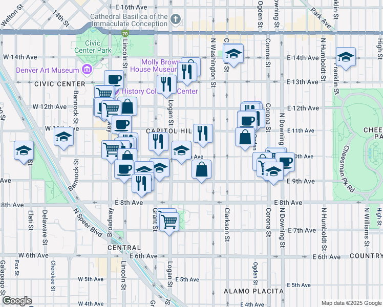 map of restaurants, bars, coffee shops, grocery stores, and more near 555 East 10th Avenue in Denver