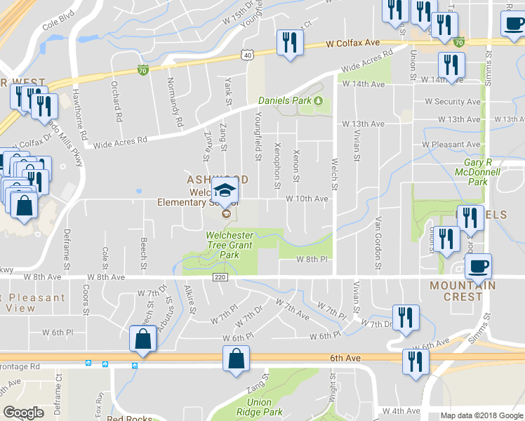 map of restaurants, bars, coffee shops, grocery stores, and more near 975 Xenophon Court in Golden