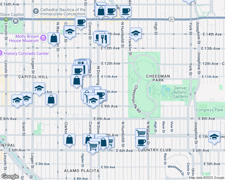 map of restaurants, bars, coffee shops, grocery stores, and more near 1321 East 10th Avenue in Denver