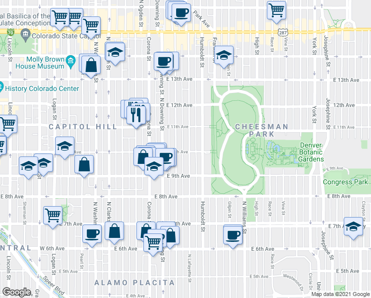 map of restaurants, bars, coffee shops, grocery stores, and more near 1321 East 10th Avenue in Denver