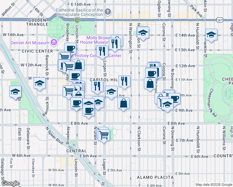 map of restaurants, bars, coffee shops, grocery stores, and more near 970 Pennsylvania Street in Denver